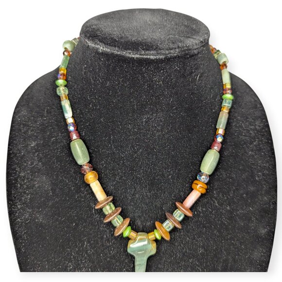 Multicolor Stone Beaded Necklace with Cross Pendant Hook Closure - Picture 4 of 11